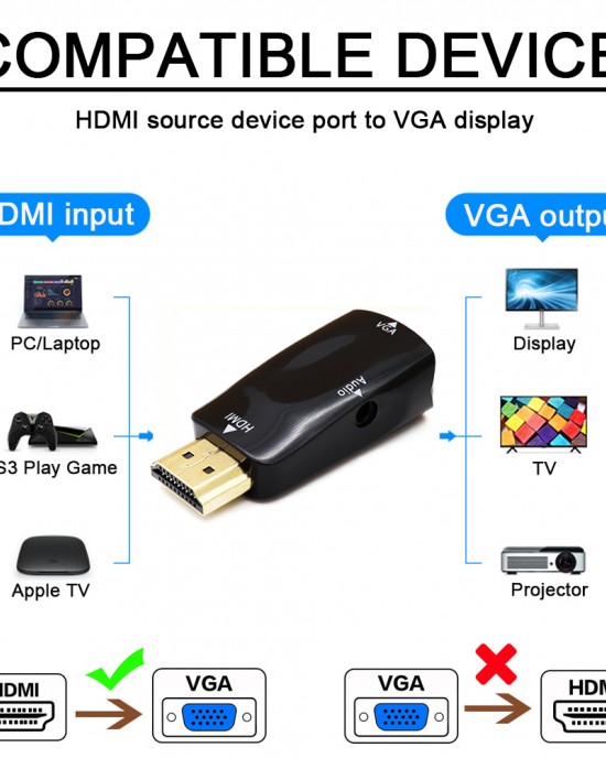Bakeey Male to Female HDMI to VGA Adapter HD 1080P Audio Converter For PC Laptop TV Box Computer Display Projector Bakeey Male to Female HDMI to VGA Adapter HD 1080P Audio Converter For PC Laptop TV Box Computer Display Projector