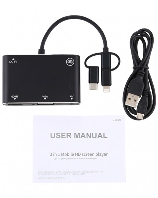 3 in 1 8 Pin Micro USB Type C to AV HDMI VGA 15 Pin HD Screen Player Adapter Converter with Audio 3 in 1 8 Pin Micro USB Type C to AV HDMI VGA 15 Pin HD Screen Player Adapter Converter with Audio